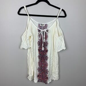 Show Me Your Mumu Boho Cold Shoulder Short Sleeve Cream Blouse - Small